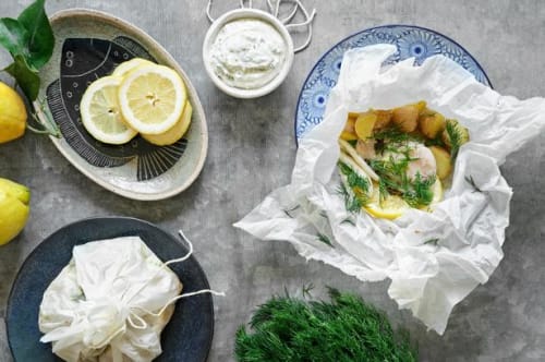 Kuller i papillote med dildcreme