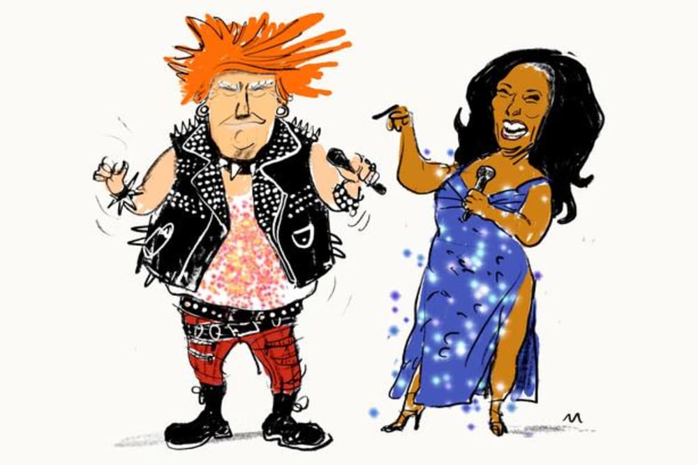 Sådan har du næppe set Donald Trump og Kamala Harris før. Illustration: Mette Dreyer