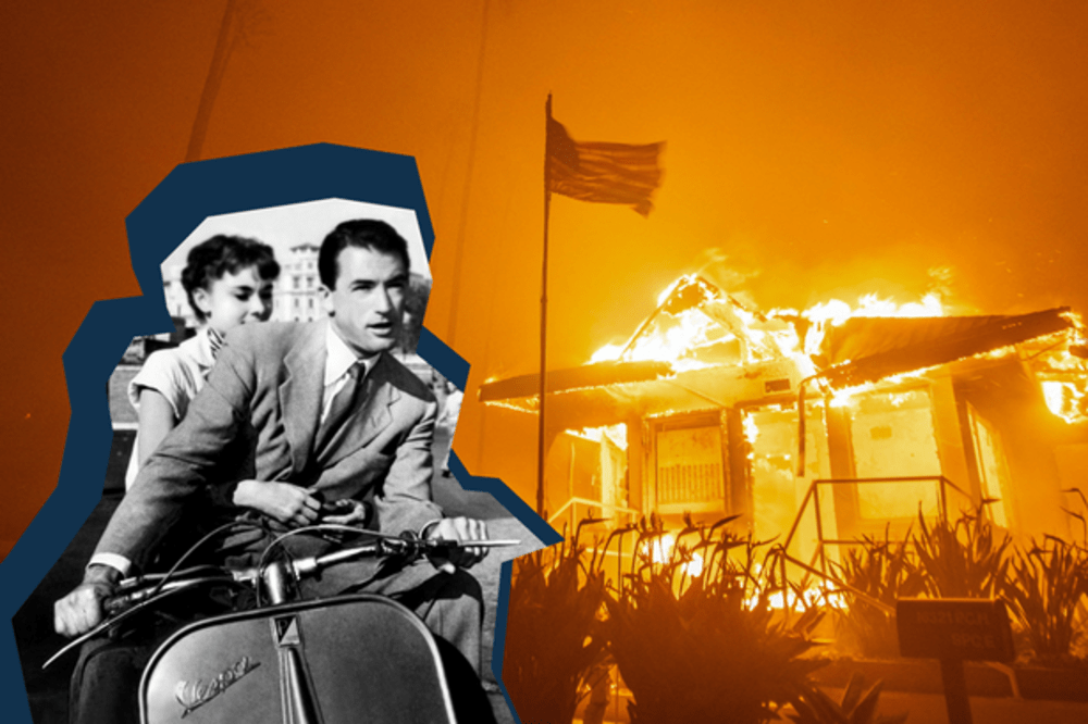 Når man ser Los Angeles og Hollywood i flammer, føles det som andet og mere end en brand. Som om der er mere på spil. .Caroline Niegaard: illustration. Originalfoto: Cinetext Bildarchiv/Ringo Chiu/Ritzau Scanpix